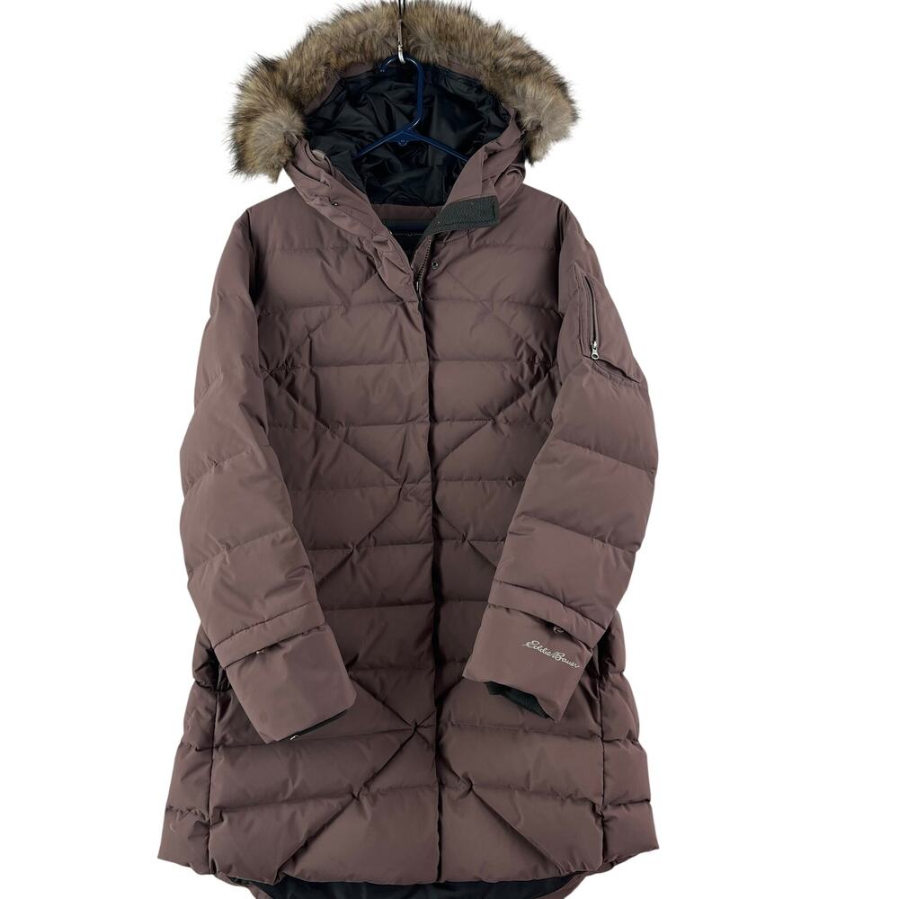 Eddie Bauer Womens Sun Valley Down Parka SZ L Misty Rose Faux Fur Hood
